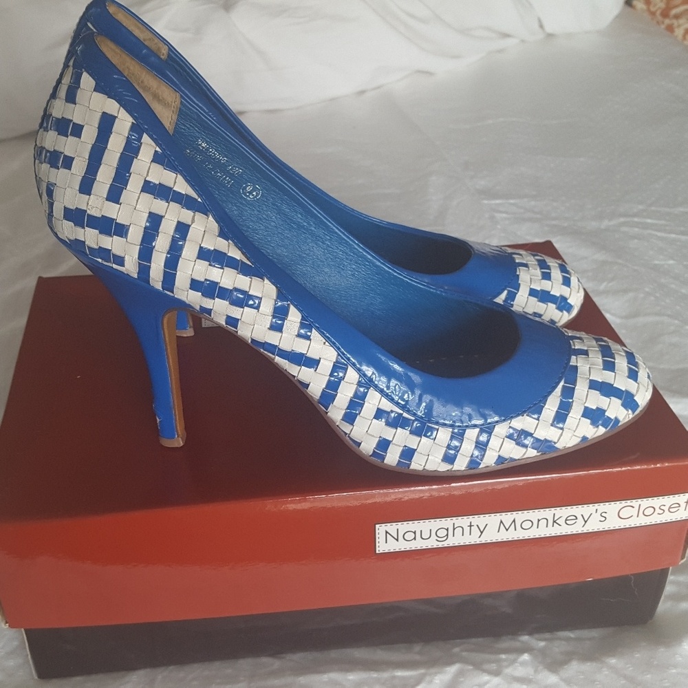 Naughty Monkey Jigsaw pumps in blue and white